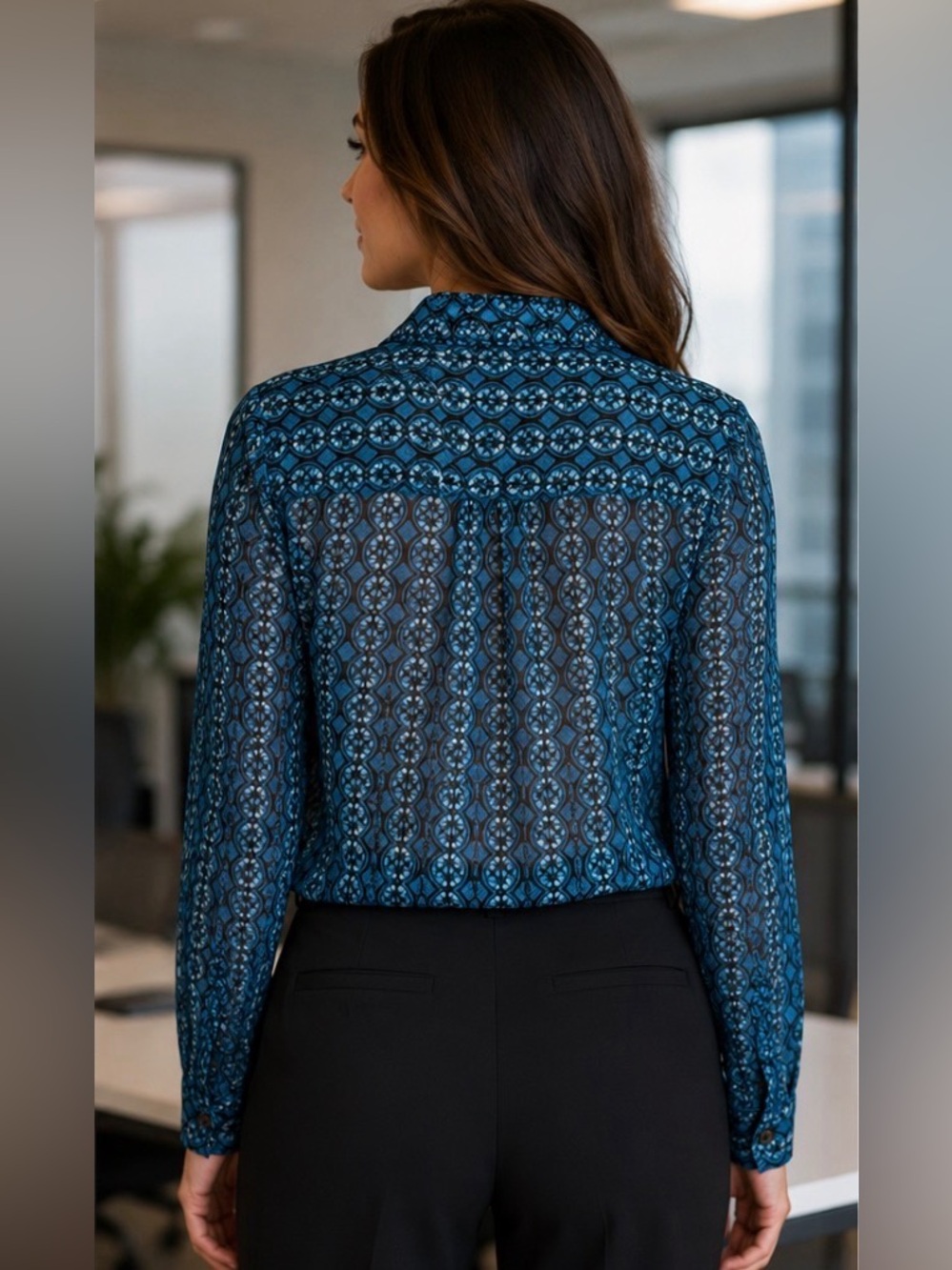 Vince Camuto Sheer Blue Geometric Button-Up Blouse Size Small | Long Sleeve - Picture 2 of 7